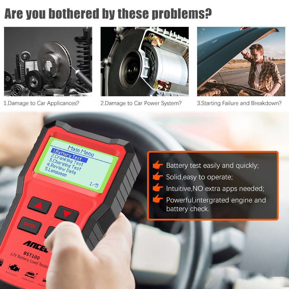 Ancel BST100 OBD2 Car Check Battery Tester Analyzer Code Reader Scan Voltage Charging Test 12V Batteries Tools