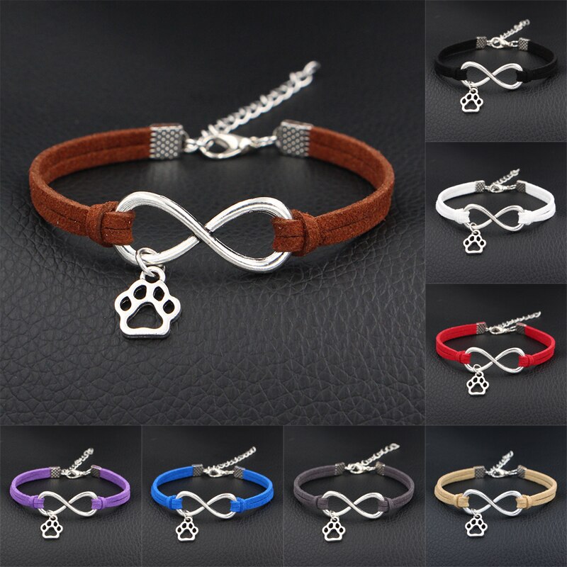 Cute Mini Dog Paw Prints Charms Bracelet Antique Silver Color Love Infinity Leather Bracelets For Women Jewelry