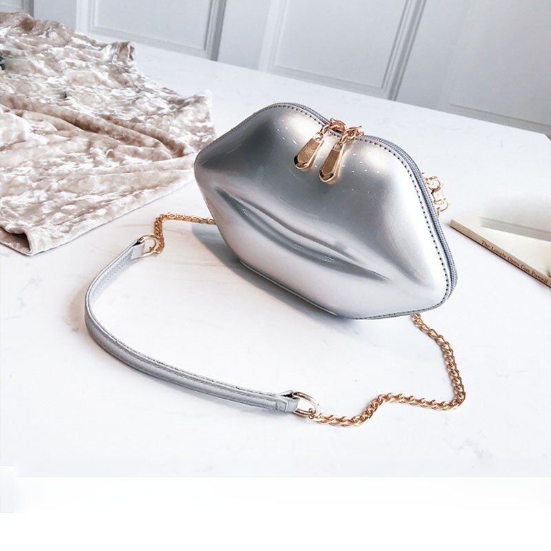 Bolso de hombro pequeño de PU para mujer, bolso de mano de de labios rojos de para mujer, bolso de mano con cadena Mini: Silver Shoulder Bag