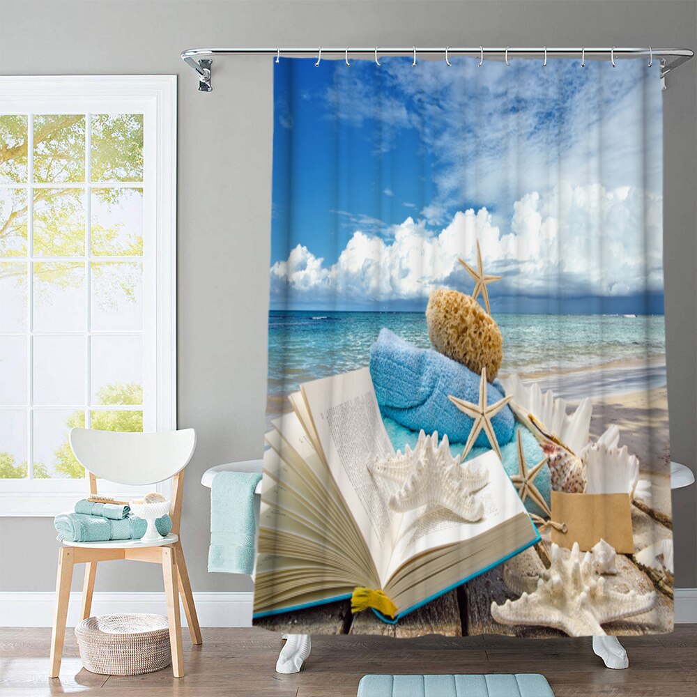 Conch Starfish Shell Shower Curtain Bathroom Curtains Non Slip Beach Style Pattern Anti-skid Carpet Toilet Lid Cover Bath Mat: I Shower Curtain
