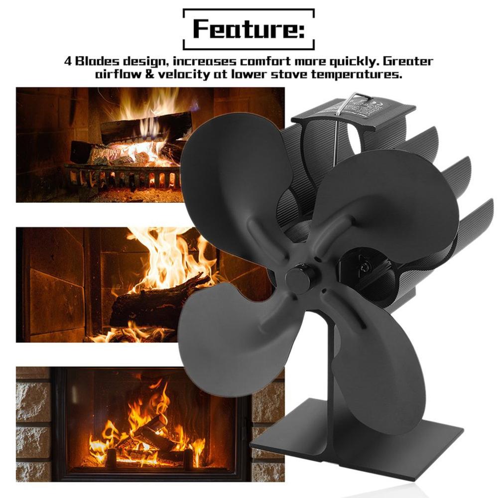 Black Fireplace 4 Blades Heat Powered Stove Fan Log Wood Burner Eco fire Quiet Home Fireplace Fan Efficient Heat Distribution