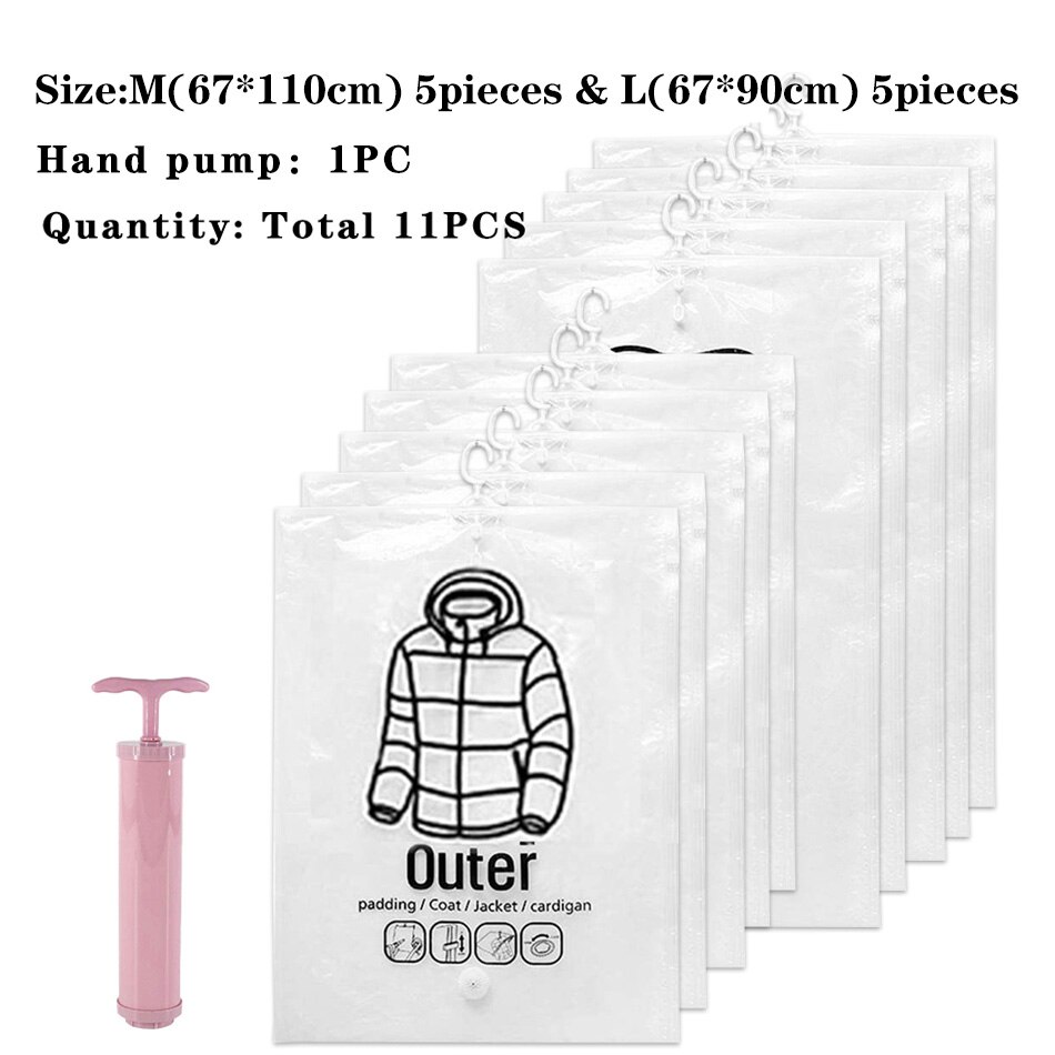 Hanging Vacuum Storage Bag Closet Organizer Space Saving Clear Seal Wardrobe Storage Bags With Hanger For Coats Jackets Suit: 5M 5L And Pump