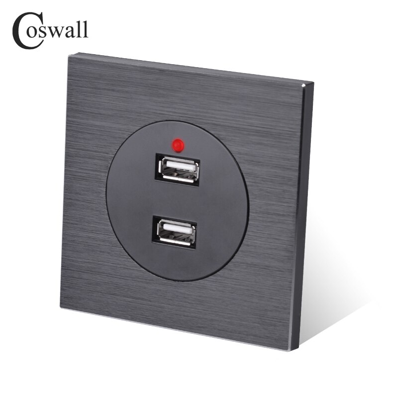 Coswall aluminium metalpanel vægstikkontakt dobbelt usb ladeport 2.4a udgang led indikator  r11 serie  r12 serie sort