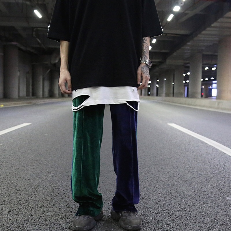 Bunn glidelås fløyel bukser med brede ben herre side skjøtet stripe rett bukse løs tilfeldig elastisk midjebukser hip hop streetwear