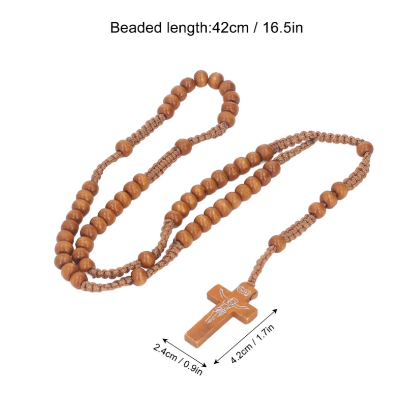 F2 5pcs Wooden Rosary Jesus Imprint Catholic Unisex Style Natural Wooden Bead Cross Rosary Necklace Jewelry For Men Women Light