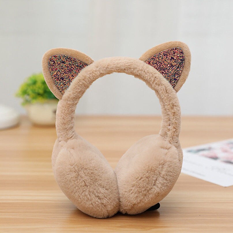 Winter Chic Sequin Folding Cat Ears Earmuffs for Women and Girls Plush Fur Ear Warmer Bun with Glitter Headband Cartoon Pattern