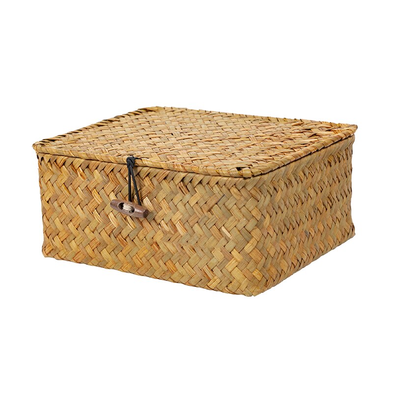 Rattan vævede opbevaringskasser med låg håndlavet flet opbevaringskurv diverse tøj kosmetik container home organizer: Lys orange farve / M -20 x 16 x 9cm