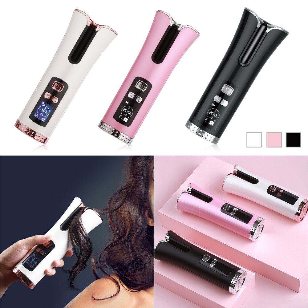 Rizador de pelo automático inalámbrico, rizador de aire recargable por USB para rizos y ondas, rizador rotatorio de cerámica con pantalla LCD