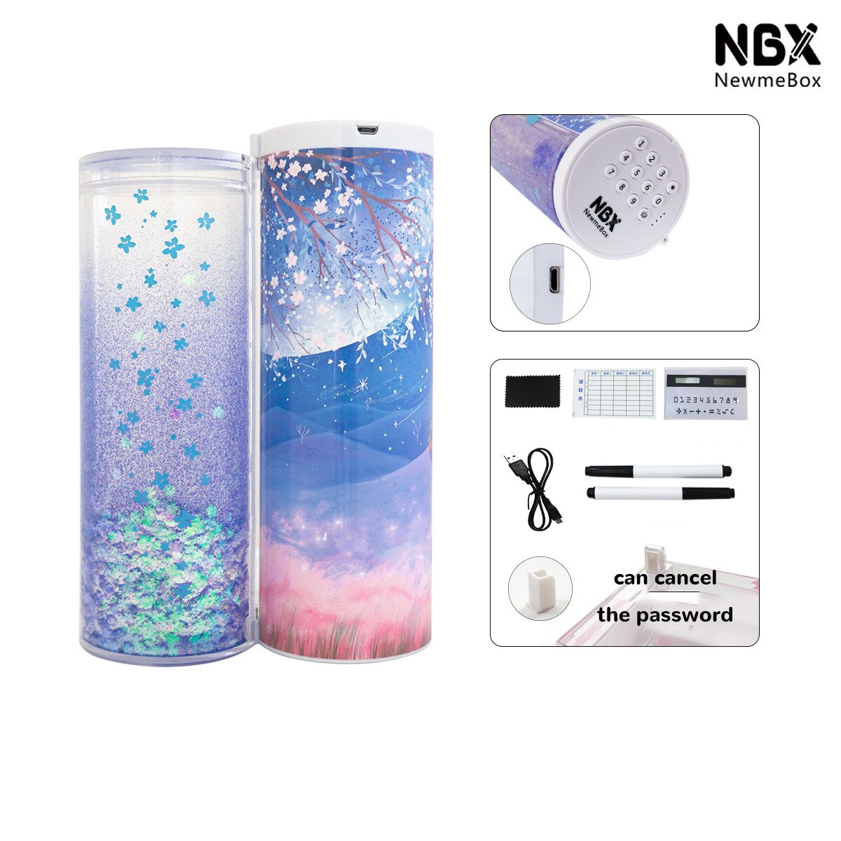 Pencil Case Kawaii Translucent Quicksand NBX Solar Calculator Pencil Box Estojo Escolar School Supplies Password Estuche Escolar: N