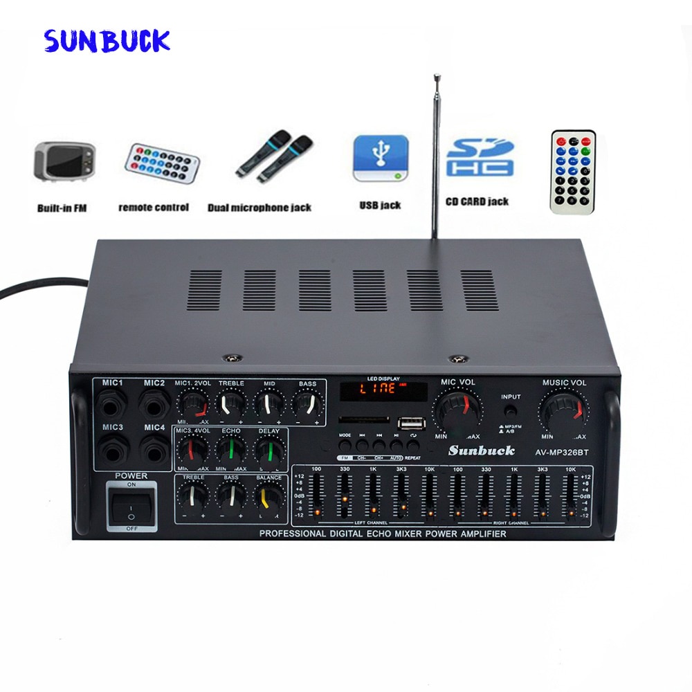 Sunbuck karaoke Sound amplifier 2.1 Channel 200W*2 High Power FM USB MP3 10 Segment Audio equalizer Car Bluetooth amplifier