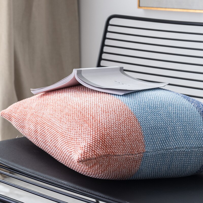 Gebreide Kussenhoes Woondecoratie Regenboog 45X45Cm Vierkante Kussensloop Blauw Roze Nordic Stijl Zachte Katoen Knit