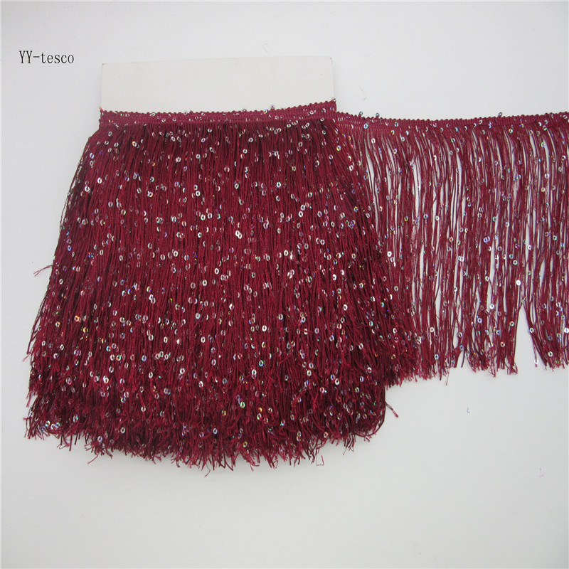 YY-tesco 10 Meters 20cm Wide Lace Fringe Trim Tassel Fringe Trimming For DIY Latin Dress Stage Clothes Accessories Lace Ribbon: Wine red