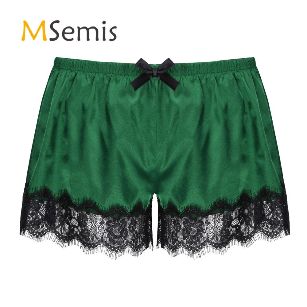 Men Satin Shorts Sleepwear Elastic Waistband Lace Trimming Pajama Pants Nightwear Birthday