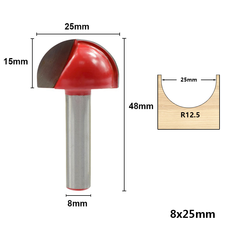 8Mm Schacht Rode Hoekafronding Frezen 16/19/22/25Mm Core Box Router Bit voor Hout Radiusfrees Radius Frezen: 1pc 8x25mm