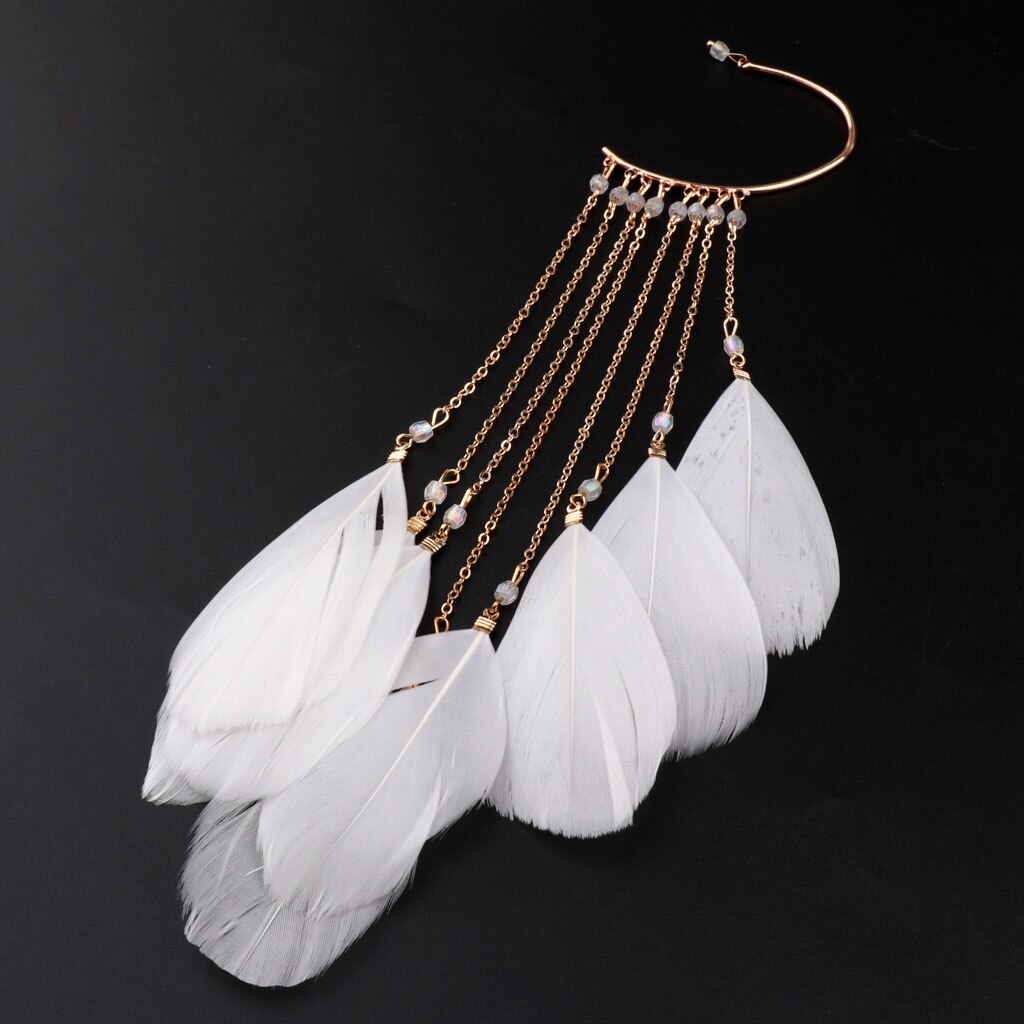 Oreille chenille grimpeur bohême plume perlée longue gland balancent goutte manchette boucles d'oreilles: White