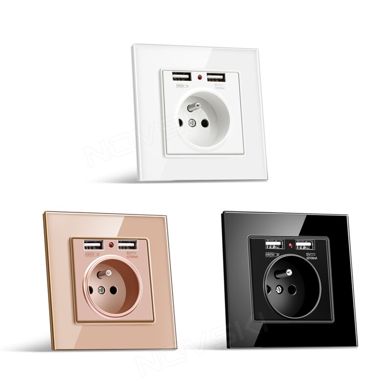 NOVSKI French Power Socket, Electrical French Outlet, 2.1A Dual USB Charging Port with Soft LED Indicator, White, Black, Gold
