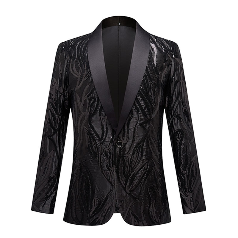 Mens Black Satin Sequins Tuxede Dress Blazers Stylish Shawl Lapel Suit Blazer Jacket Men Wedding Dinner Prom Party Costume Homme: S 38R
