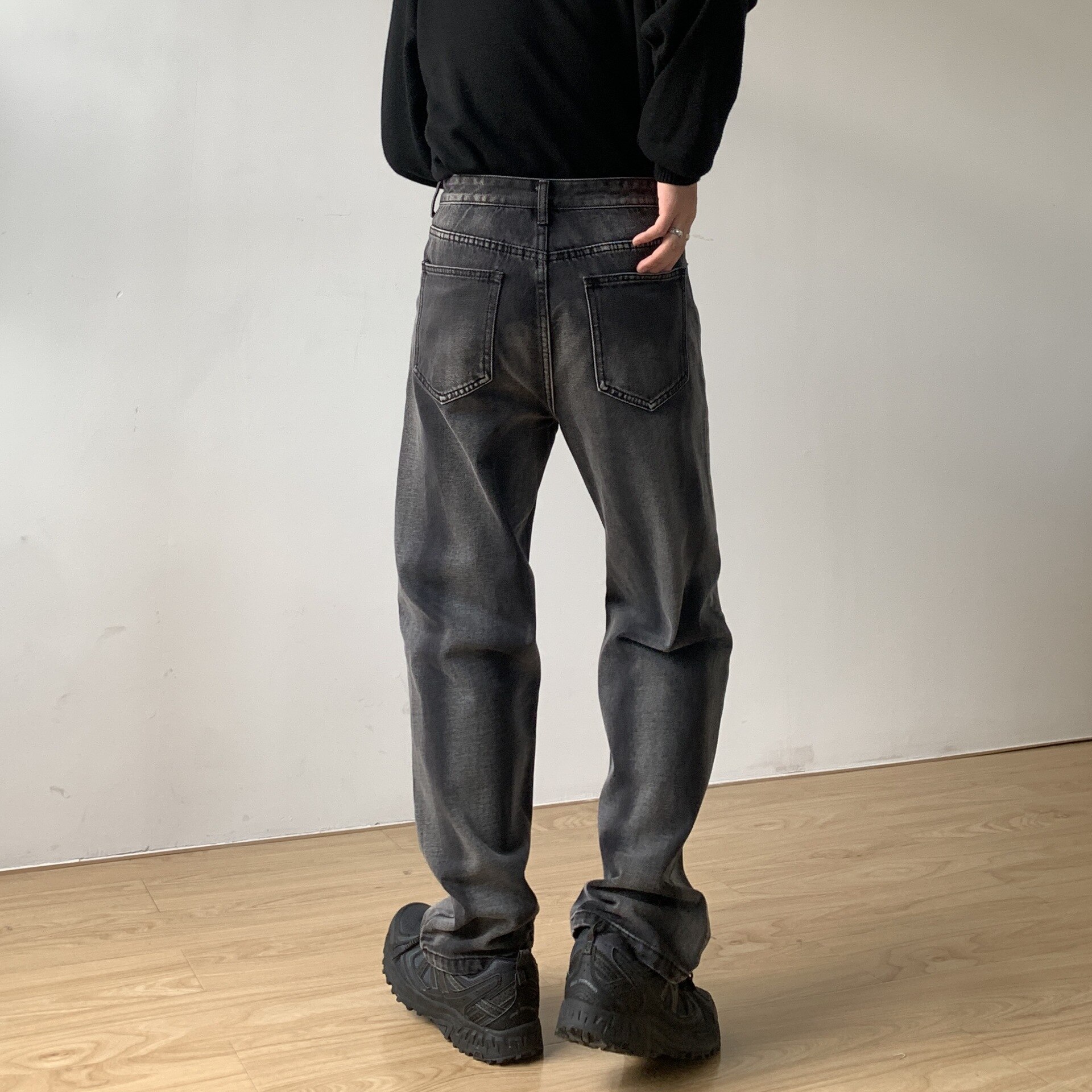 Fajne męskie jeansy w stylu koreańprzejrzeć luźna prosta szeroka nogawka spodnie w stylu pary modne niebieskie szare czarne dżinsy z prostymi nogawkami