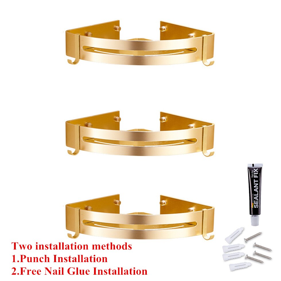 Bathroom Corner Gold Shelf Shower Caddy with Two Hooks Self Adhesive Wall Mount with Screws Storage Shelves Triangle Baskets: 3 Tier