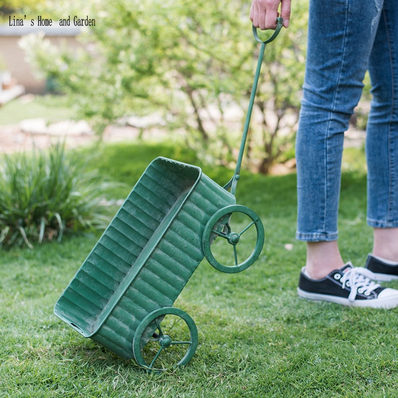 hand made antique retro green metal flower cart planters