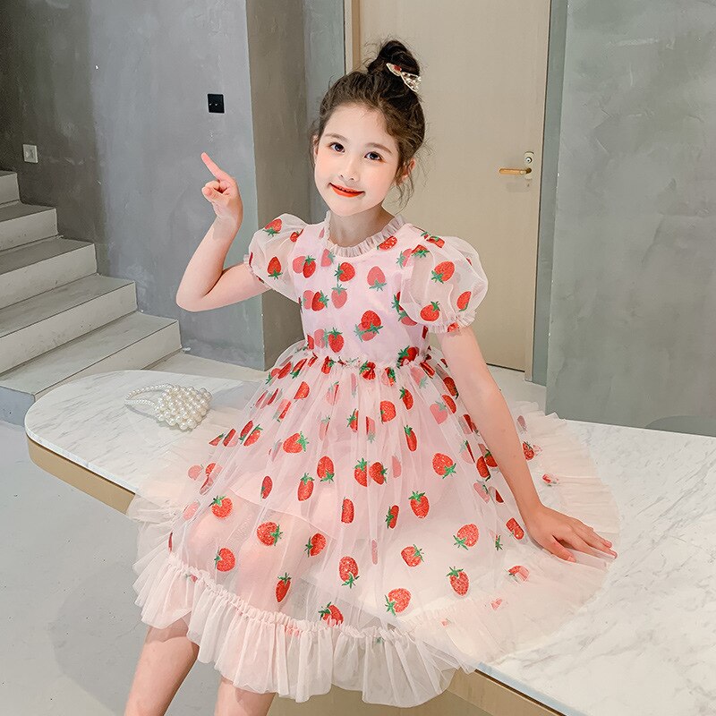 Kids Clothes Girls Summer Dress Children Clothes Puff Sleeve Pink Strawberry Princess Dress Vestidos Toddler Teen Dresses: 2T