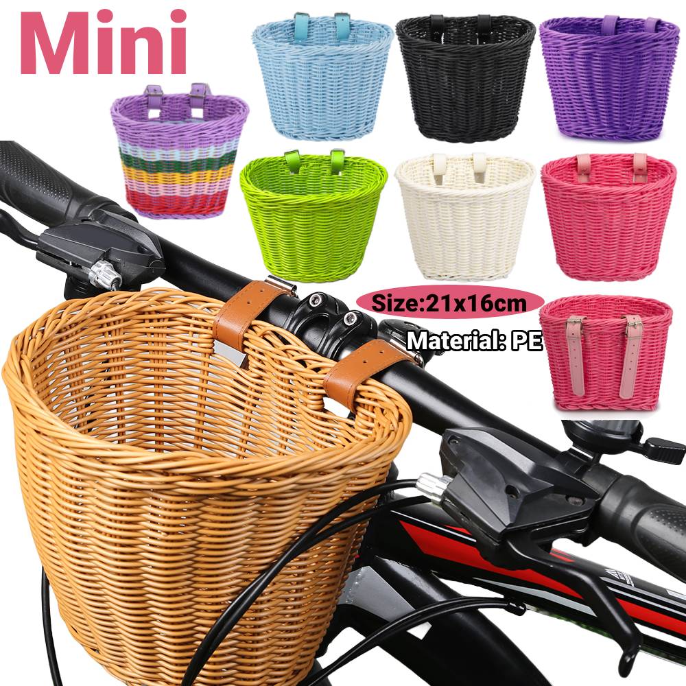 Cesta para bicicleta de mimbre, almacenamiento de bicicletas, cesta para manillar frontal, pegatina tejida a mano, bolsa para bicicleta, cesta de almacenamiento para montar