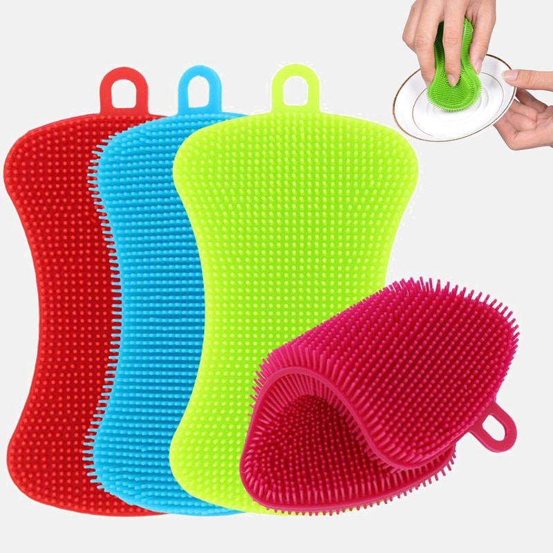 1/3/4pcs Kitchen Cleaning Brush Silicone Dishwashing Brush Fruit Vegetable Dish Washing Cleaning Brushes Pot Pan Sponge Scrubber