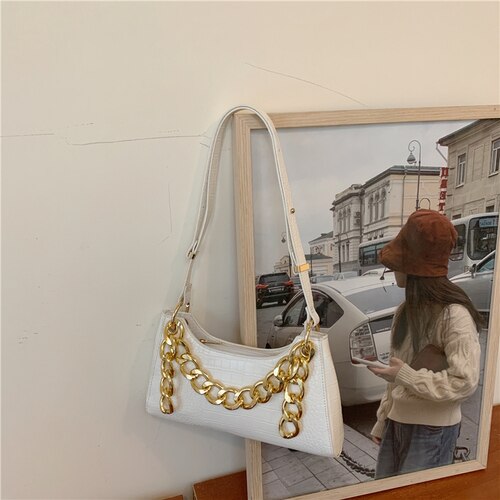 Bag Female Spring and Summer Crocodile Baguette Shape Bag France Small Shoulder Bag Underarm Handbag: white