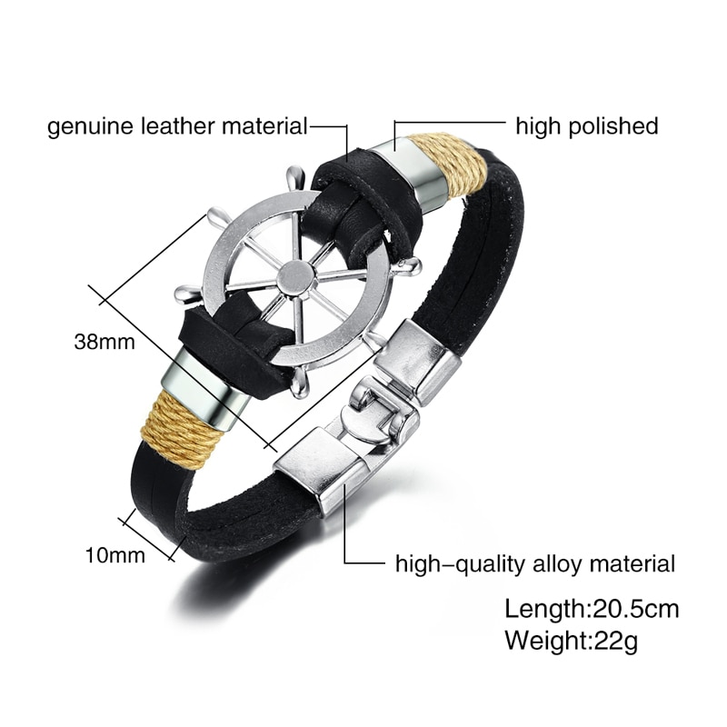 Timone di Disegno Degli Uomini Del Braccialetto Del Braccialetto di Cuoio A Doppio Strato Classic Vintage Quotidiano Sport A Vela Gioielli