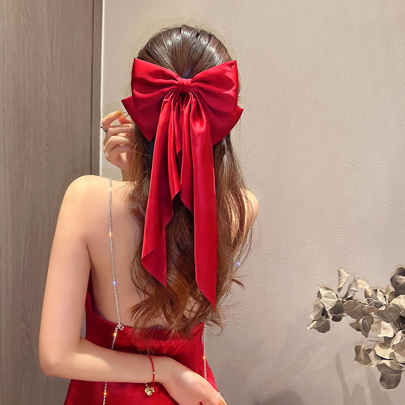 Grampo de cabelo grande laço para mulheres, monocromático cetim rabo de cavalo hairpin, streamer vermelho elegante, acessórios simples para meninas, moda