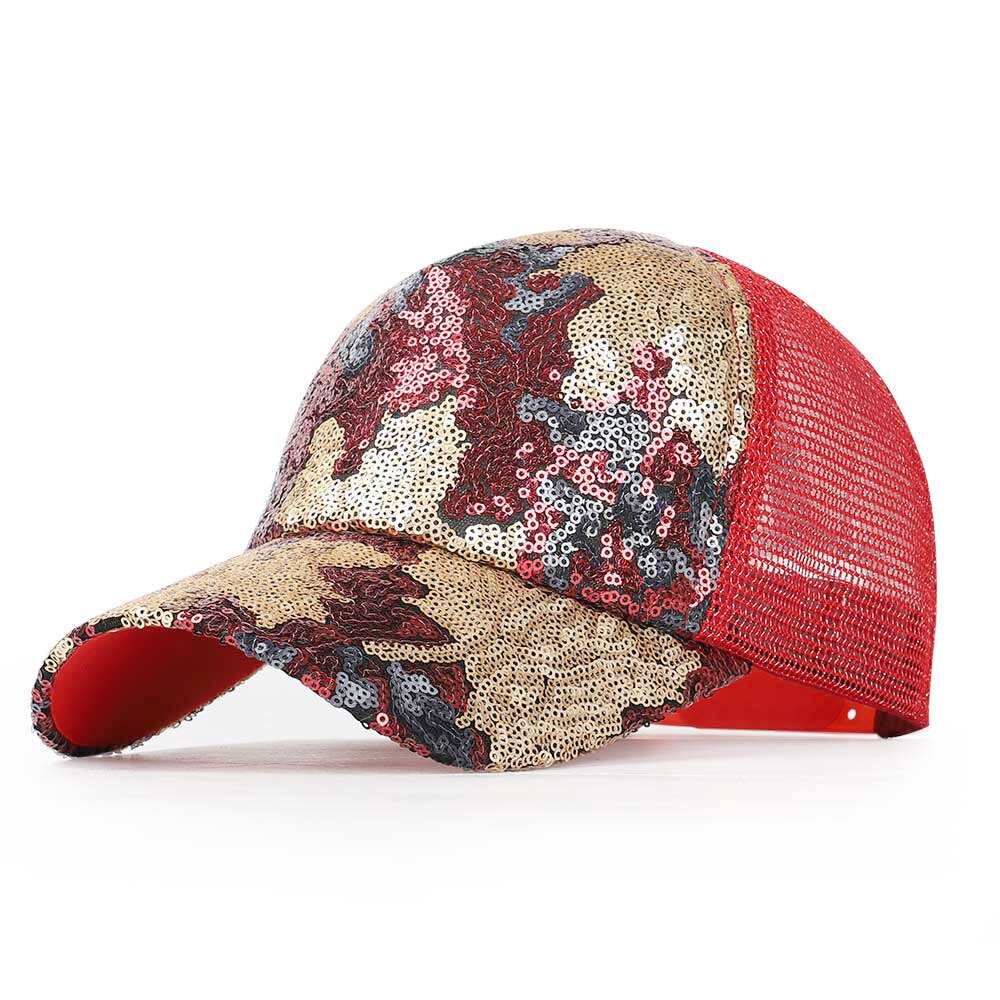 Damer skinnende baseball cap kvinder ahorn paillet afslappet mesh hat sommer kvindelig glitter snapback hat justerbar knogle: Rød