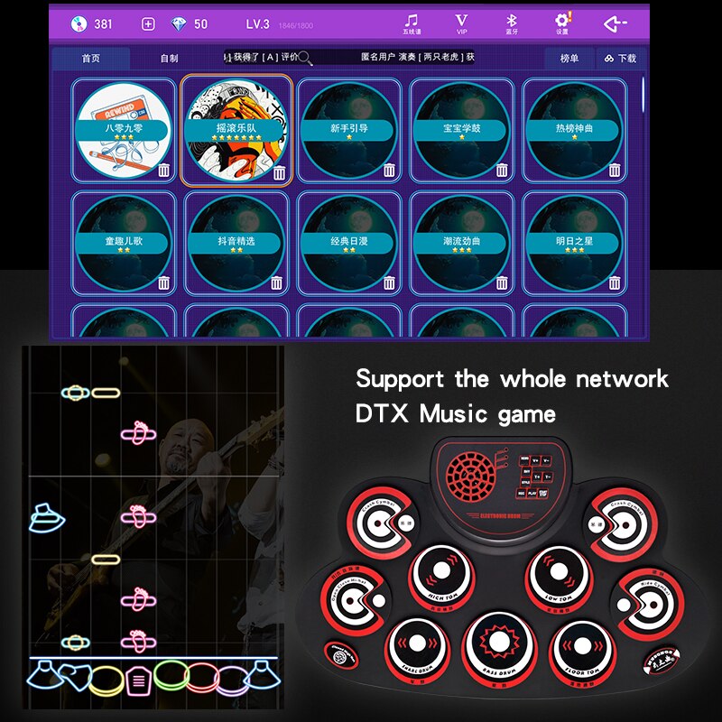 Portable Roll UP Electronic MIDI Drum Set Kits 9 Pads Built-in Speakers Practice