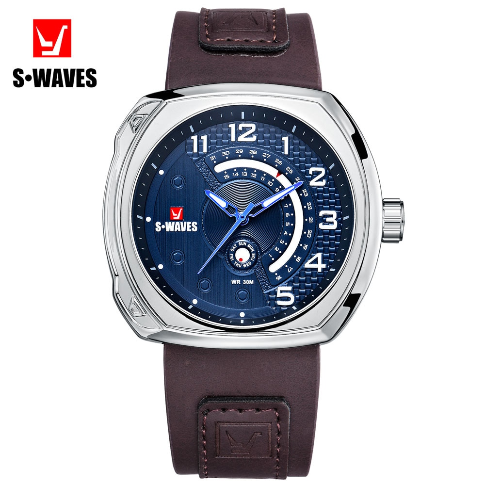 SWAVES Lederen Horloges Heren Waterbestendig Zilver Blauw Horloge Mannen Compleet Kalender Sport Relojes Hombre Klok