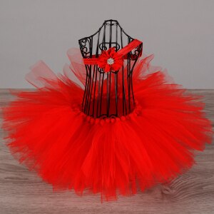 Bonito meninas rosa tutu saia infantil tule feito à mão pettiskirt ballet dança tutus undersaias com flor bandana crianças festa tutus: Vermelho