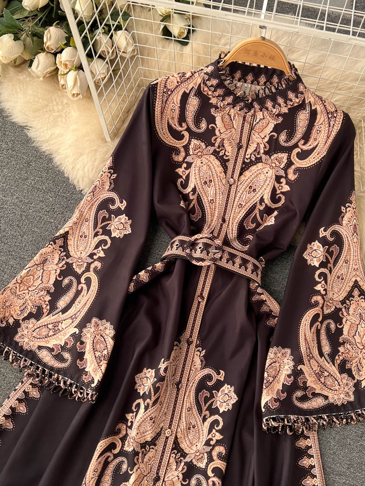 Klänning med temperamentsbälte, klänningar för kvinnor, utsvängda ärmar, a-linjeformade klänningar för kvinnor, smal midja, ståkrage, badrock, femme, wj