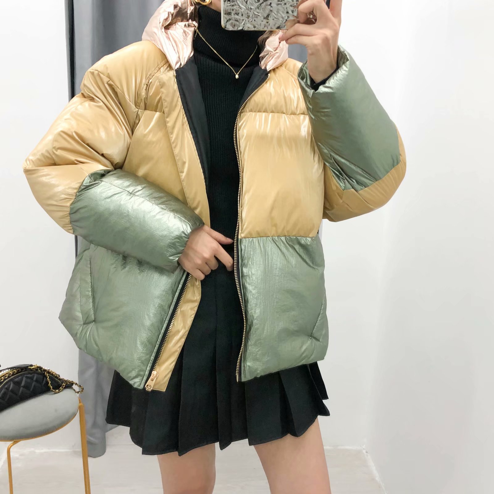 Reflektierende Farbe block jacke frauen oberbekleidung koreanische mäntel und jacken frauen winter gold pailletten jacke silber damen streetwear