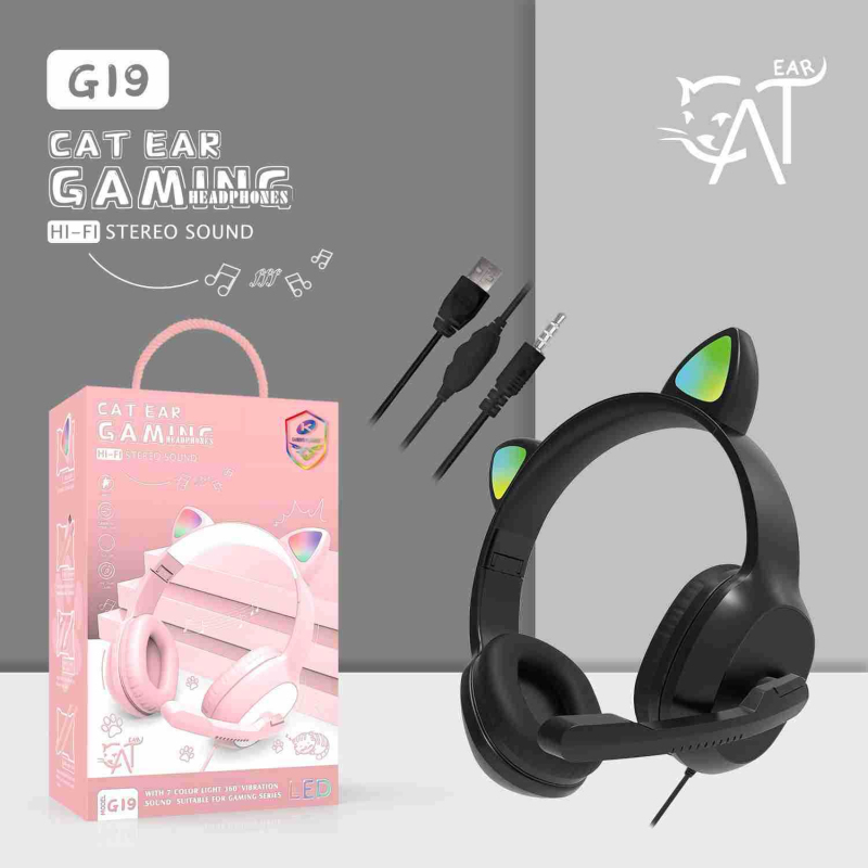 Product G19 Pink Cat Ear Cute Girl Gaming Headset With Mic Noise Reduction Stereo Music RGB Flash Light Wired headphone: 03