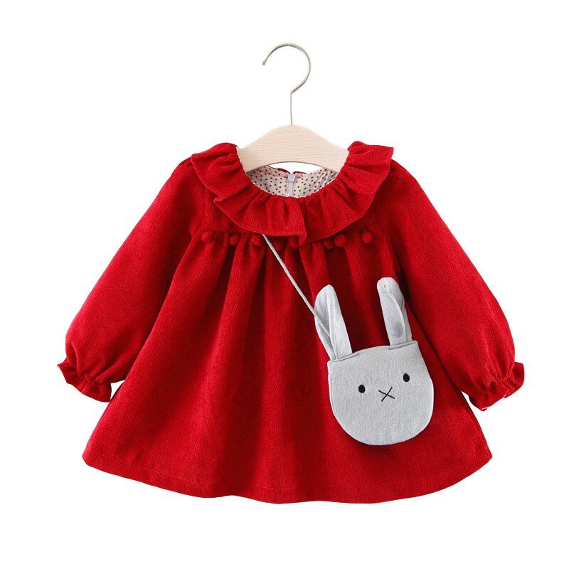Primavera autunno bambino ragazza vestire abbigliamento per bambini puro cotone a maniche lunghe tinta unita tunica base abito da principessa borsa regalo gratuita: Rosso / 18-24M