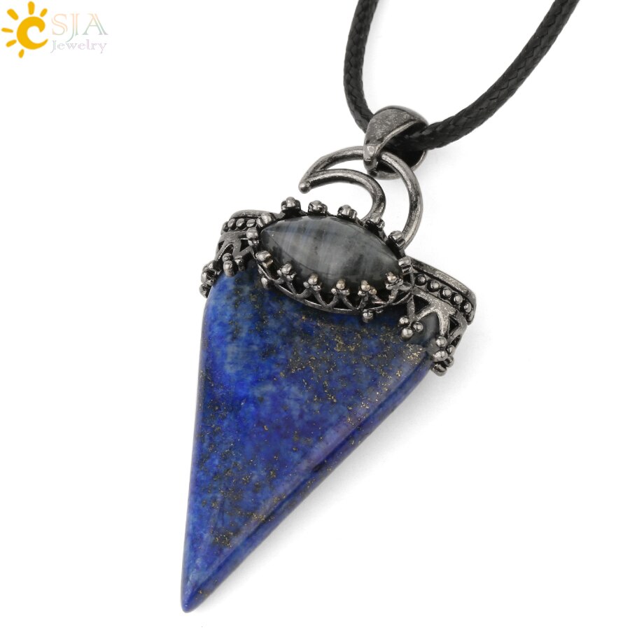 CSJA Natural Stone Triangle Pendant Necklace Antique Silver-color Crown Moon Labradorite Geometric Women Men Trendy Jewelry G324: Lapis Lazuli Chain