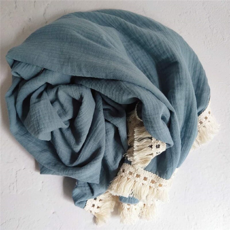 Bomullsmuslin bebis flicka pojke filtar nyfödd linda filt tofs bebis mottagande filt spädbarn sova täcke sängöverdrag: Blå / 100 x 120cm