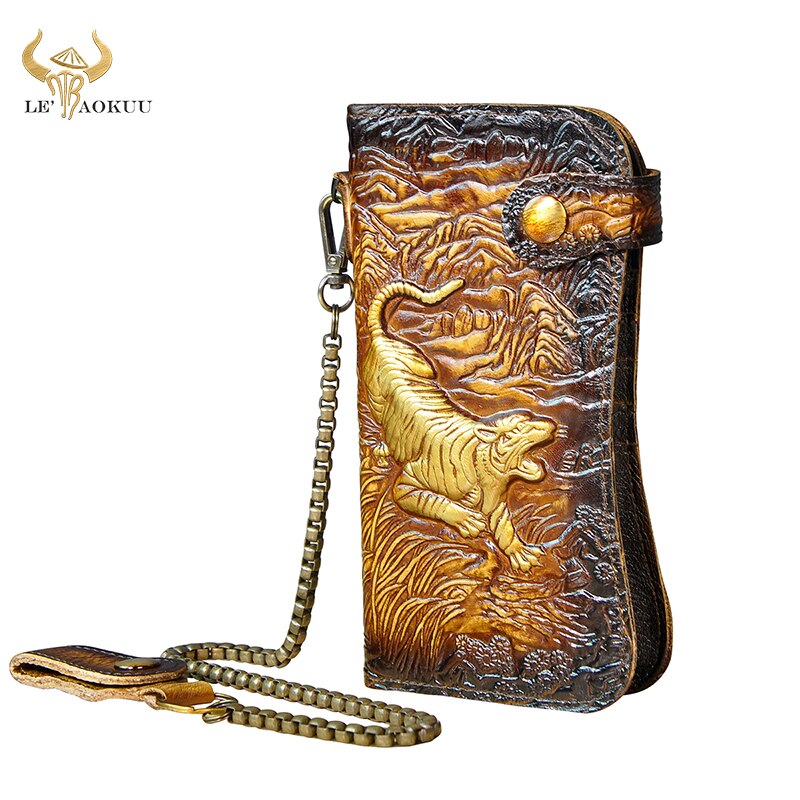 Moda bestiame uomo organizzatore in vera pelle Design Dargon tigre in rilievo libretto degli scacchi catena di ferro portafoglio borsa pochette borsa 1088-d: gold-gt