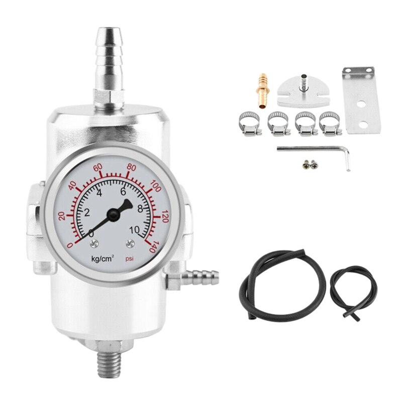 Silver 0-140 PSI Universal Car Fuel Pressure Regulator with Gauge Adjustable Oil Pressure Regulator: Default Title