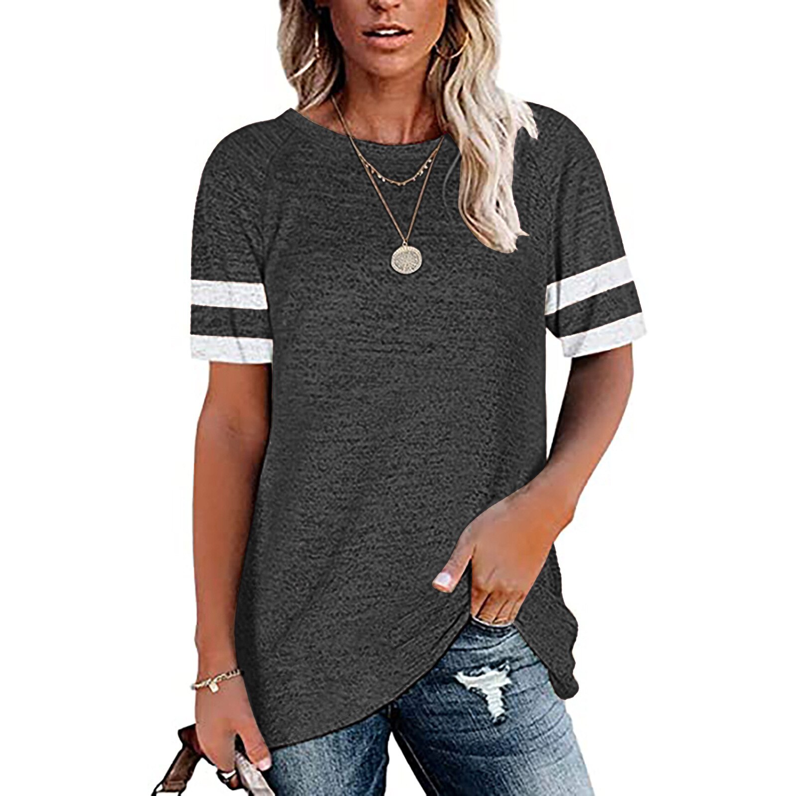 d'été en Europe et en Amérique de hauts manchon d'épissure pure couleur loisirs col rond manches courtes T-shirt: Gris foncé / M