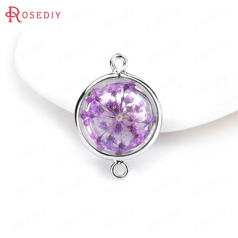 (C828)6 pieces 14x20mm 24K Gold Color Brass and Glass 2 Holes + Dried Flower Round Connect Charms Pendants Diy Jewelry Findings