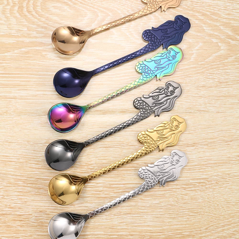 Stainless Steel Mermaid Shape Coffee & Tea Spoon Kitchen Mixing Spoons Ice Cream Dessert Spoon Hanging Cup Dinning Accessories