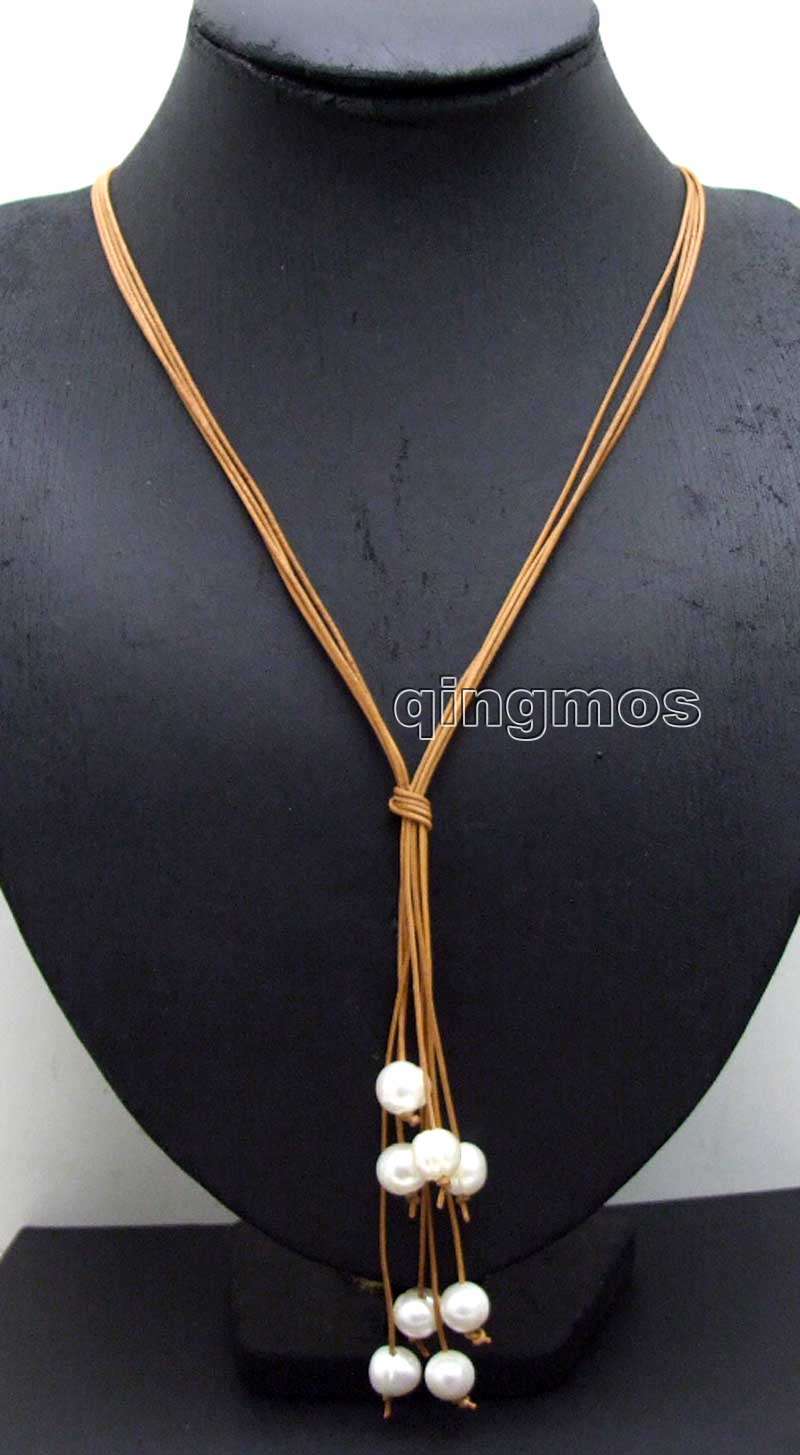 Große 10-11mm Weiße Kartoffel Natürliche FW Perle & Brown Leder 4 strands 32 "Lange Necklace-nec6146 /retail Freies schiff