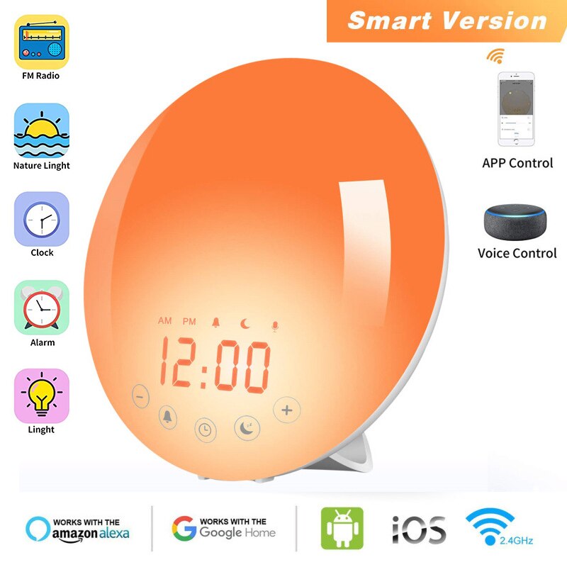 Reloj despertador inteligente con luz, 7 colores, WI-FI y APP, alarma Smart para días de trabajo con colores amanecer/atardecer, vida inteligente, Tuya App, compatible con Alexa y Google assistant