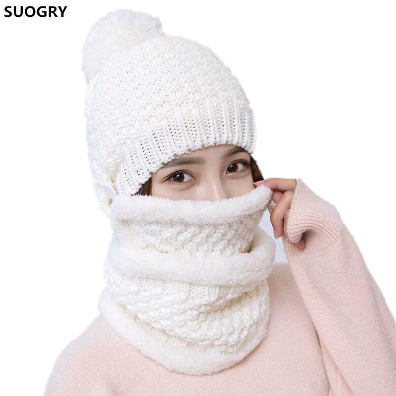 Gorro de lana de Pelo Liso para mujer, gorro de Cachemira de punto grueso y cálido, conjuntos de bufandas para exteriores, de invierno,