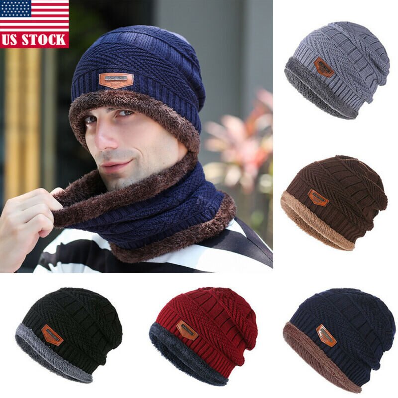 2 stk menn kvinner vinter varm heklet strikk posete lue ull hodeskalle hatt ski lokk skjerf sett