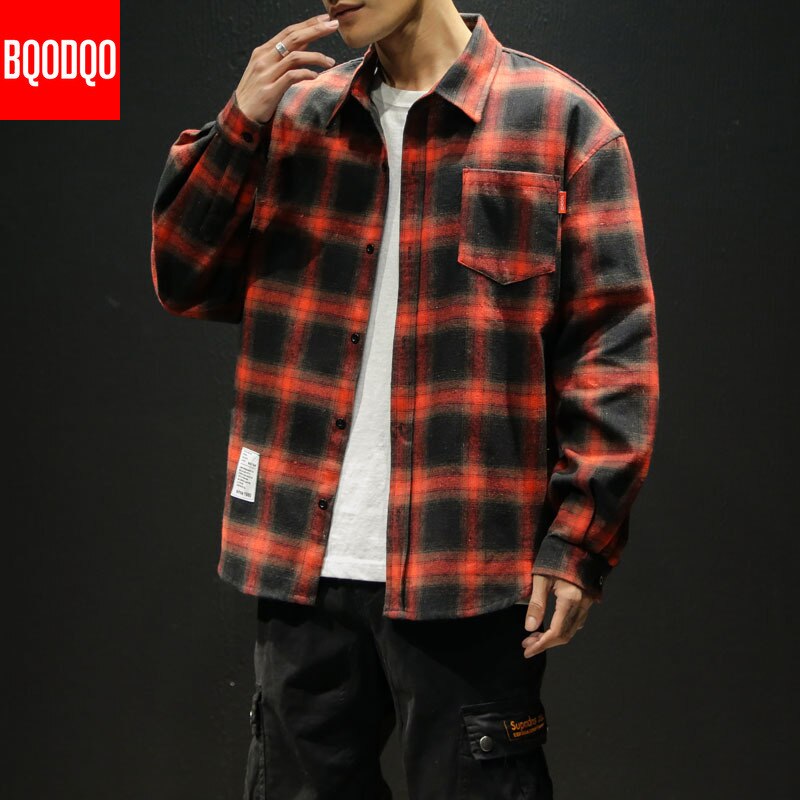 Fleece casual skjorta män vinter svart rutig streetwear hip hop långärmade herrskjortor höst preppy sammet oversized cargo toppar
